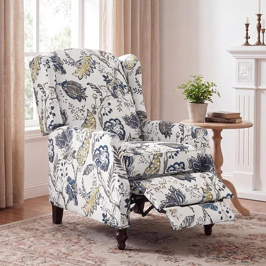 Upholstered Wingback Recliner Chair, Mid Century Modern Manual Push Back Recliner for Living Room, Bedroom (1, Blue & White Floral)