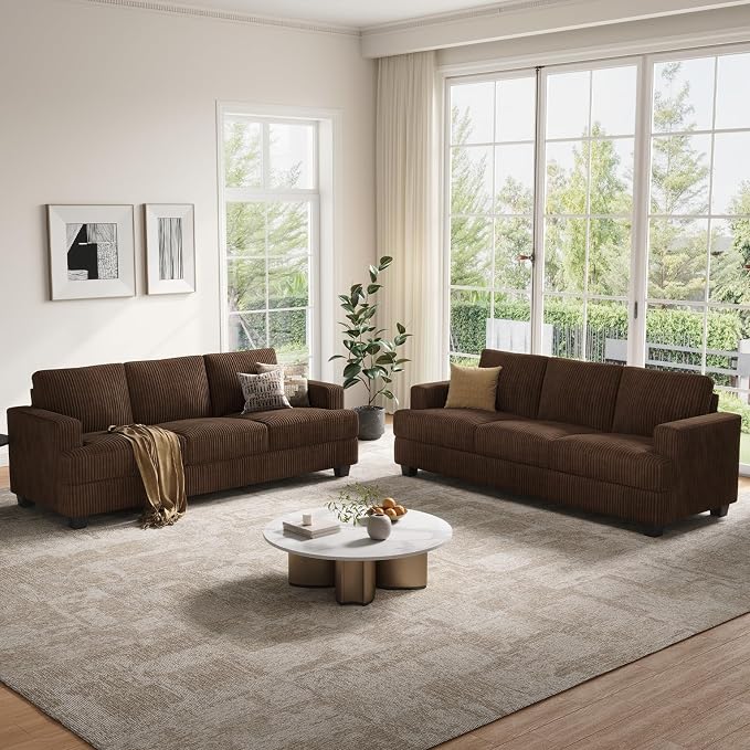 COPIAE 89 Inch Sofa with Extra Deep Seats Oversize, 3 Seater Sofa for Living Room, Modern Couch and Sofa, Comfy Armrests and Seats and Backrests, Easy Installation,Wide Corduroy Fabric Brown