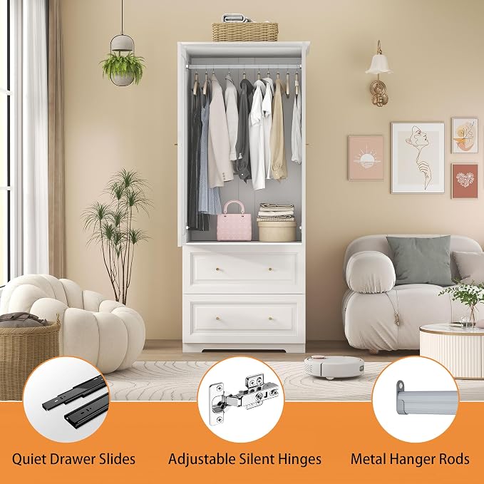Armoire Wardrobe Closet with Drawers: Large White Wardrobe Closet with 2 Doors and 2 Drawers, Wooden Bedroom Armoires Storage Cabinet with Hanging Rod and Shelves (32")