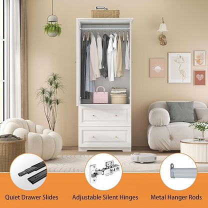 Armoire Wardrobe Closet with Drawers: Large White Wardrobe Closet with 2 Doors and 2 Drawers, Wooden Bedroom Armoires Storage Cabinet with Hanging Rod and Shelves (32")