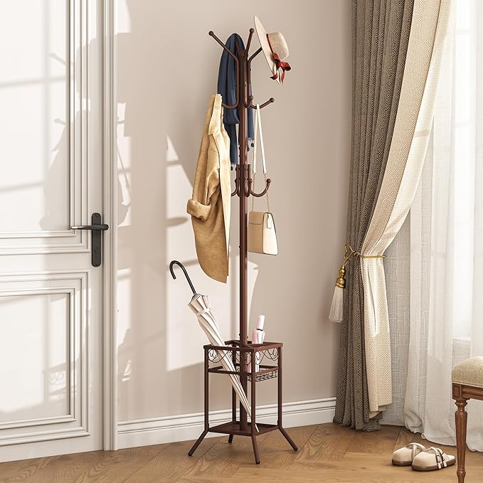 ELYKEN Coat Rack Freestanding, Metal Coat Rack with Umbrella Holder | 12 Hooks, Square Base, Heavy Duty Floor Standing Coat Tree for Entryway, Hallway, Living Room, Bedroom, Office, Brown