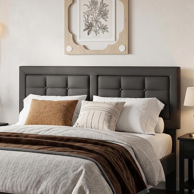 VECELO Queen Size Bed Frame, Adjustable Upholstered Button Tufted Headboard, Heavy-Duty Bedframe with Wood Slats Support, No Box Spring Needed, Linen & Dark Grey