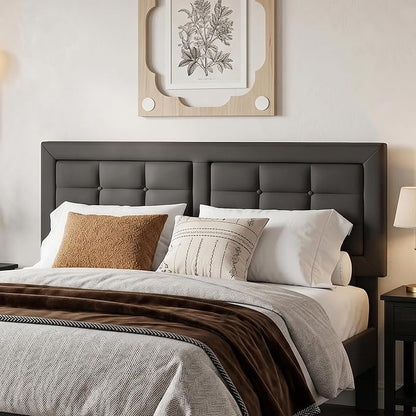 VECELO Queen Size Bed Frame, Adjustable Upholstered Button Tufted Headboard, Heavy-Duty Bedframe with Wood Slats Support, No Box Spring Needed, Linen & Dark Grey