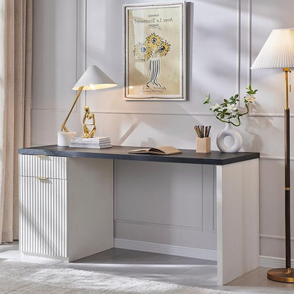 60" Fluted Home Office Desk, Reversible Left‑Right Cabinet, Built‑in Outlet | Reversible design lets you fix the cabinet on left‑hand or right‑hand side to fit your room layout