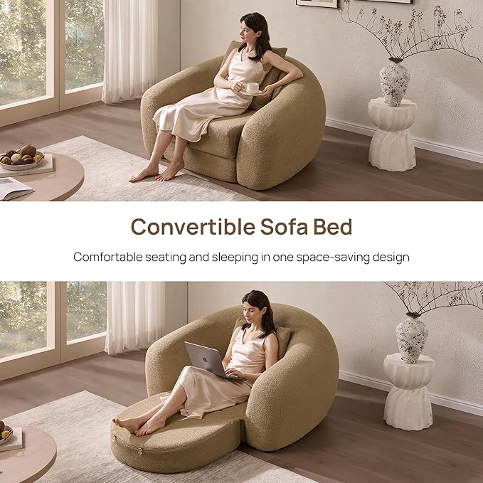 SICOTAS 49.9" Curved Convertible Sofa Couch Bed for Living Room Futon Cloud Boneless Sleeper Chair Pull Out Floor Couch with Deep Seat Single Sofa Foam Lounger No Assembly for Bedroom Apartment, Brown
