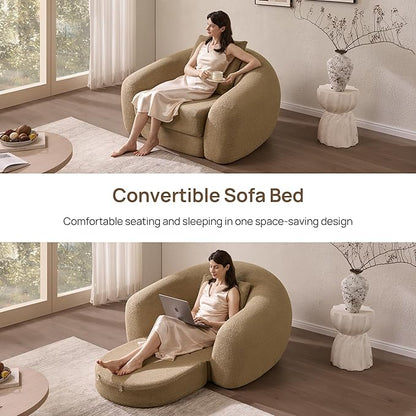 SICOTAS 49.9" Curved Convertible Sofa Couch Bed for Living Room Futon Cloud Boneless Sleeper Chair Pull Out Floor Couch with Deep Seat Single Sofa Foam Lounger No Assembly for Bedroom Apartment, Brown