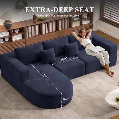 L-Shaped Boneless Couch,104" Couches for Living Room with Curved Chaise,Modular Sectional Sofa with Deep Seat,Modern Cozy Cloud Compression Sofas,No Assembly Required(Blue) 1PCS