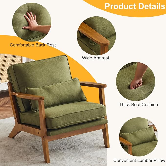 Karl home Mid-Century Lounge Accent Chair, Green | Wide Curved Armrest, Linen Fabric, Lumbar Pillow Included, Solid Wood Frame, For Living Room, Bedroom, Balcony, Apartment
