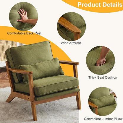 Karl home Mid-Century Lounge Accent Chair, Green | Wide Curved Armrest, Linen Fabric, Lumbar Pillow Included, Solid Wood Frame, For Living Room, Bedroom, Balcony, Apartment