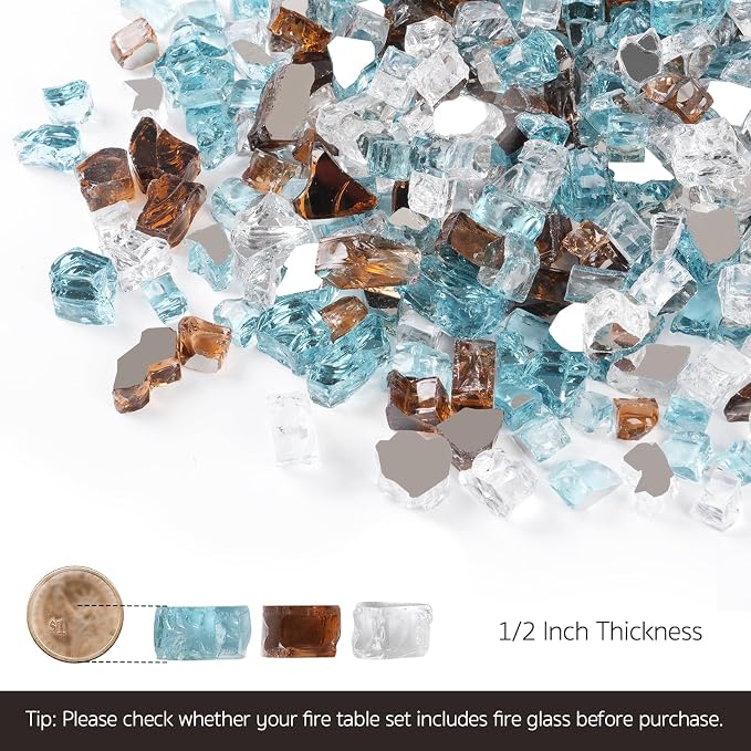 GASPRO 10 lbs Fire Glass for Propane Fire Pit, 1/2-Inch Reflective Fireplace Glass Rocks for Fire Pit Table, Light Blue Copper White