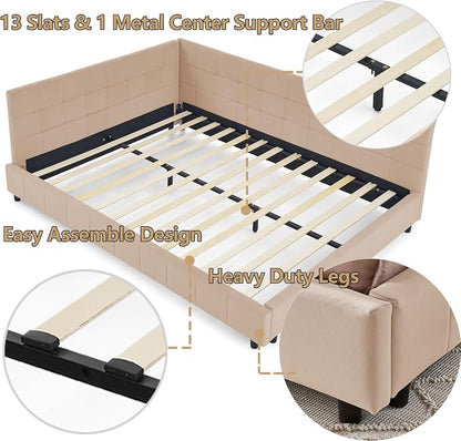 Bellemave Queen Size Corner Bed Frame with Comfortable Backrest and Armrests, Velvet Tufted Corner Bed Frame Queen Size, Upholstered Daybed for Bedroom, Living Room, Guest Room, Pink