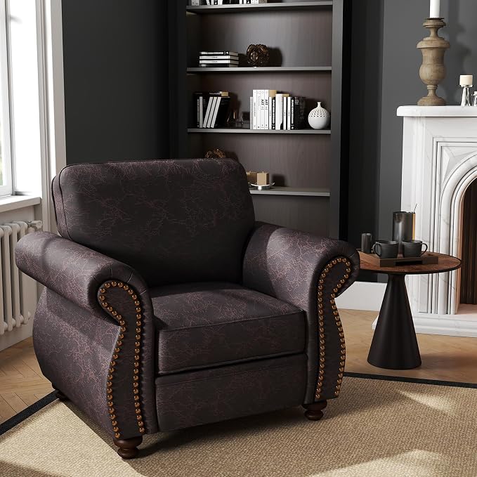 Couchus Vintage Accent Chair with Rivet Decoration, Traditional Upholstered Armchair, Living Room Chair, Rustic Single Sofa Chair for Bedroom, Reading Room & Office (Brown, Single)