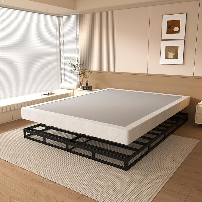NHODIR Box Spring Queen Size 4 Inch Heavy Duty Metal Bed Base with Fabric Cover, Easy Assembly, Noise Free