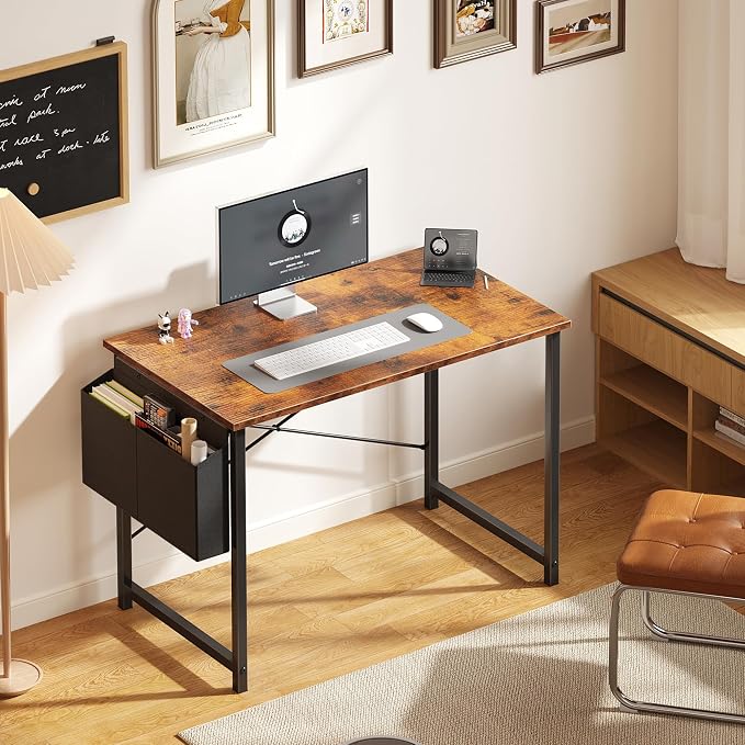 OLIXIS Small Computer Desk, 40 Inch Home Office Desks, Writing Study Craft Work Gaming Table, Computer Workstation for Bedroom Small Spaces with Storage Bag, Rustic Brown