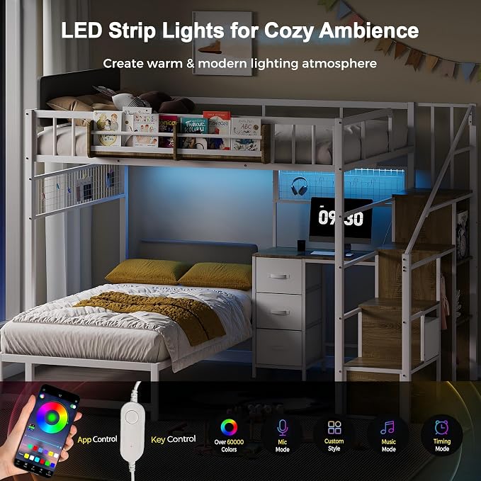 Kikihouse Full Over Twin Loft Bunk Bed with Desk, Stairs, Drawers & Storage Shelves, L-Shaped Metal Bunk Bed with Charging Station & LED Light for Kids, Teens, Adults (Full Over Twin)