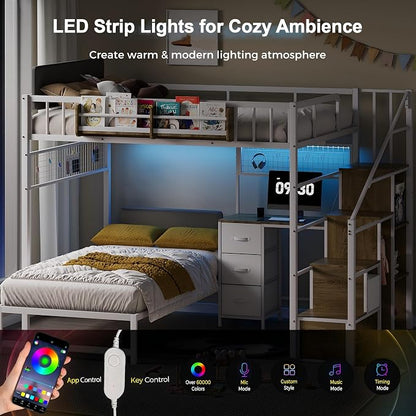 Kikihouse Full Over Twin Loft Bunk Bed with Desk, Stairs, Drawers & Storage Shelves, L-Shaped Metal Bunk Bed with Charging Station & LED Light for Kids, Teens, Adults (Full Over Twin)