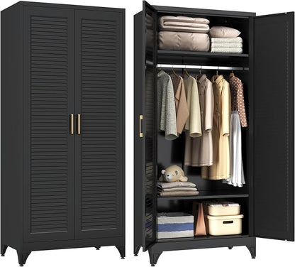 SteeLoong 71" Metal Wardrobe Cabinet with Hanging Rod, Armoire Wardrobe Closet with Doors and Adjustable Shelves, Black Clothing Storage Cabinets for Bedroom Office,School,Hospital