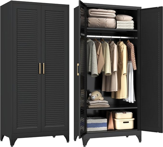 SteeLoong 71" Metal Wardrobe Cabinet with Hanging Rod, Armoire Wardrobe Closet with Doors and Adjustable Shelves, Black Clothing Storage Cabinets for Bedroom Office,School,Hospital