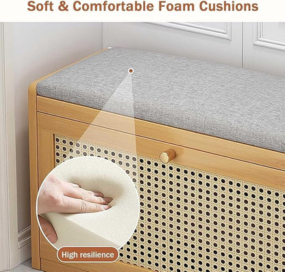 ELEFOCUS Shoe Storage Bench with Rattan Drawers - Slim Shoe Organizer Cabinet for Closet | Space-Saving Closed Shoe Rack (Size:70x25x45cm,Color:Primary Color)