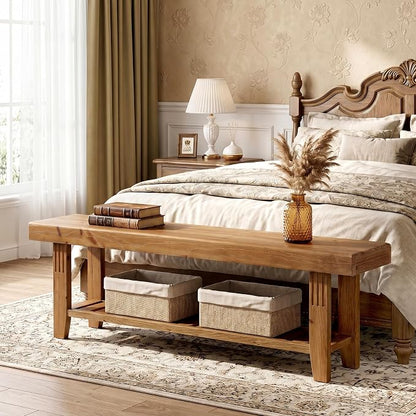 LITTLE TREE 63" Solid Wood Entryway Bench, Rustic Wooden Shoe Bench with Slatted Storage Shelf, Heavy Duty Indoor Bench for Hallway, Bedroom, Living Room, Dining Room