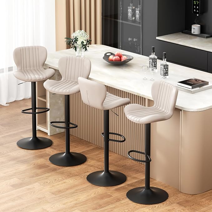 JAMFLY Bar Stools Set of 4, Leather Adjustable Barstools Counter Height Modern Bar Stools, Island Chairs Set of 4 for Kitchen, Beige