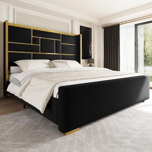 King Size Bed Frame with 55.12" Tall Headboard, Modern Luxury Velvet Upholstered Platform Bed with Gold Trim, Wide Wingback Design, Noise-Free, Easy Assembly, No Box Spring Needed, Black
