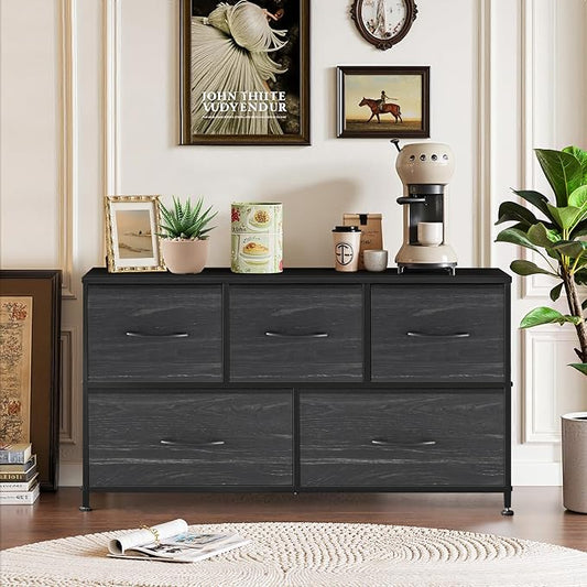 5-Drawer Dresser for Bedroom, Anti-Tip Wide Storage Organizer Fabric Chest of Drawers TV Stand for 45" TV with Wooden Top and Metal Frame for Closet, Living Room, Hallway, Entryway, Charcoal Black