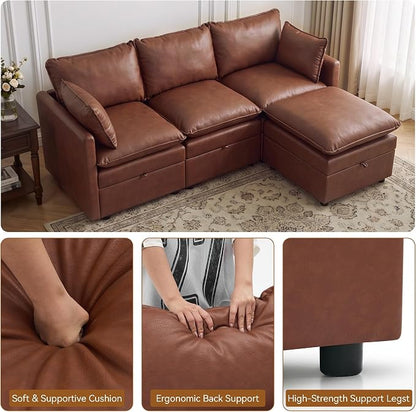 80" Brown Faux Leather Storage 3 Seater Sofa with Ottoman, Comfy Couch | Convertible Modular Sectional Sofa, L Shaped Oversized Couch, Upholstered Large Cloud Couch For Living Room, Apartment.