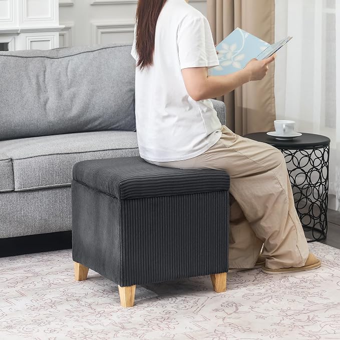 Adeco Faux Fur Storage Ottoman Cube, 18" High Fluffy Grey Foot Stool with Hinged Lid, Upholstered Small Bench for Living Room Bedroom, Solid Wood Legs