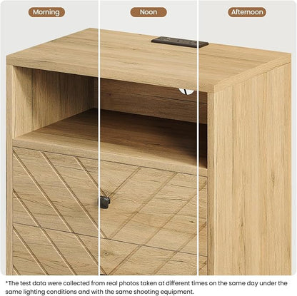 Modern Nightstand with Charging Station,LED Bedside Table with 2 Storage Drawers and Open Storage Cabinet,Wood Large End Table for Bedroom Furniture,Oak