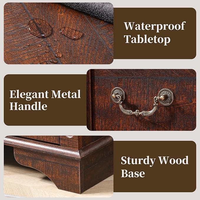 Farmhouse Dresser and Nightstand Sets, 6-Drawer Dresser & 3 Drawer Nightstand Sets, 3 Pieces Rustic Wood Bedroom Furniture Set for Home, Bedroom, Hallway（Dark Brown）
