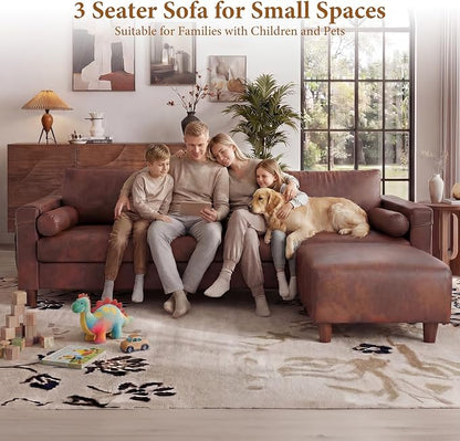 Vesgantti 100" PU Faux Leather Couch with Movable Ottoman, Large 3 Seater L Shaped Leather Sectional Sofa with Side Pocket, Comfy Mid Century Modern Modular Sofa for Living Room, Apartment, Cocoa