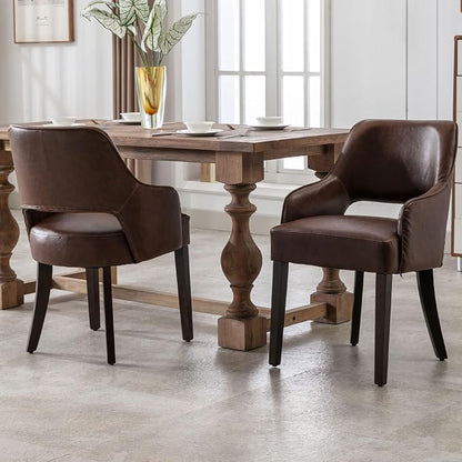Faux Leather Upholstered Dining Chairs Set of 4 with Arms | Brown faux leather upholstery, solid wood legs, curved open back, padded seat, easy-care surface, dining room, kitchen