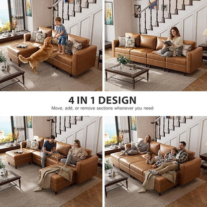 ABCASA Brown Leather Oversized Modular Sectional Sofa with Ottoman, 5 Seater U Shaped Couch with Storage Seat, Comfy Pet-Friendly Faux Leather Couches for Living Room,Apartment,Brown