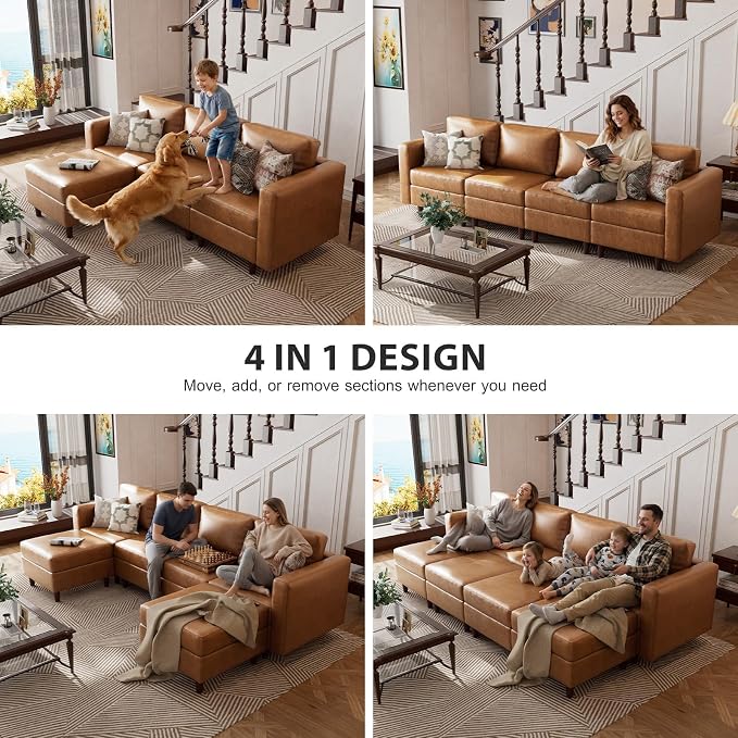 ABCASA 118.5" Faux Leather Oversized Sleeper Sofa Bed with Storage Seat, 8 Seat Modular Sectional Couch Deep Seat with Reversible Chaises & Movable Ottoman - Brown