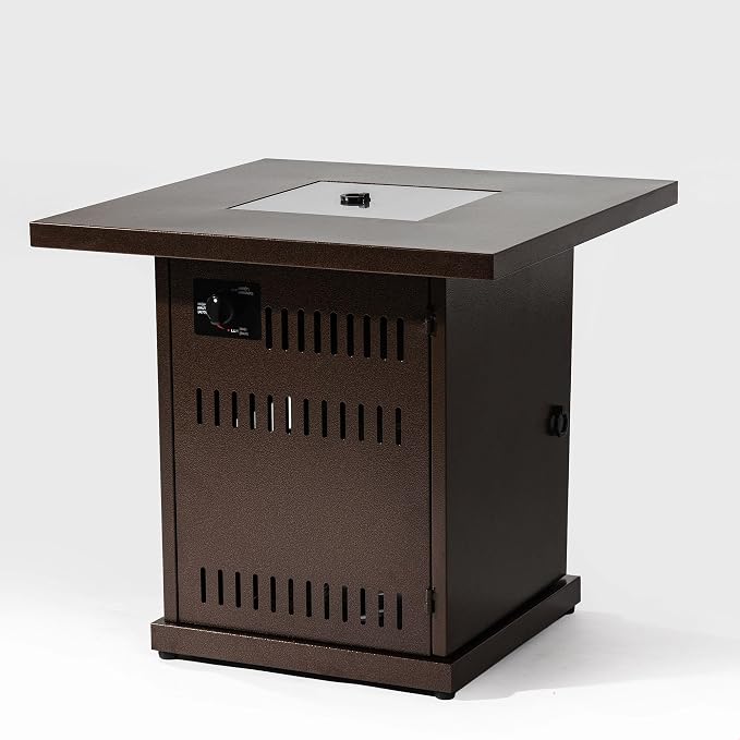 GDFStudio 28" Square Propane Gas Fire Pit Table, 50000 BTU Outdoor Steel Patio Heater with Hidden Tank Storage and Lid for Garden Deck Backyard, Brown