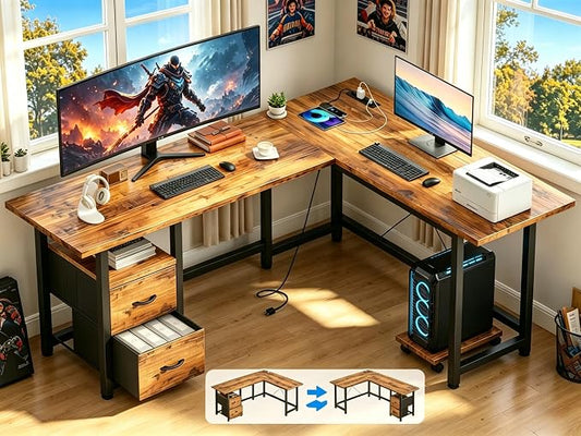 Gizoon 66 Inch L Shaped Home Office Desk with Power Outlets, Reversible Corner Computer Gaming Table with Large Drawers & CPU Stand, Rustic Brown