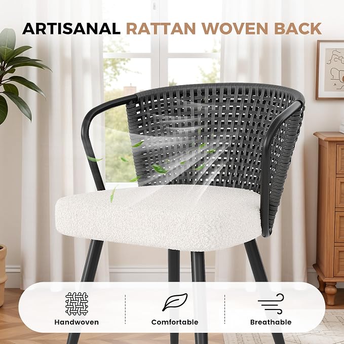 Rattan Dining Chairs Set of 2, Upholstered Kitchen Chair with Metal Legs, Ergonomic Curved Backrest, Mid Century Modern Living Room Chairs with Throw Pillow, Black