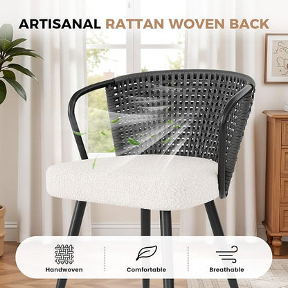 Rattan Dining Chairs Set of 2, Upholstered Kitchen Chair with Metal Legs, Ergonomic Curved Backrest, Mid Century Modern Living Room Chairs with Throw Pillow, Black
