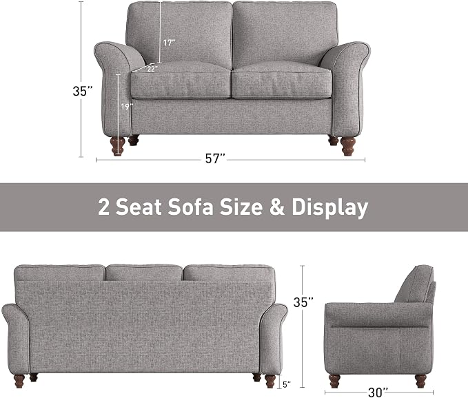 Bonzy Home 57" Loveseat Sofa, 2 Seater Sofa for Living Room, Upholstered Comfy Sofa Couch for Small Space, Living Room, Apartment, Office, Grey