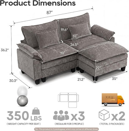 URRED Oversized Modular Sectional Sofa, 87" L Shaped Modern Comfy Cloud Couch with Movable Ottoman & Pillows, Deep Seat Couches for Living Room, Bedroom or Apartment (Chenille Gray, 87" L Shaped)