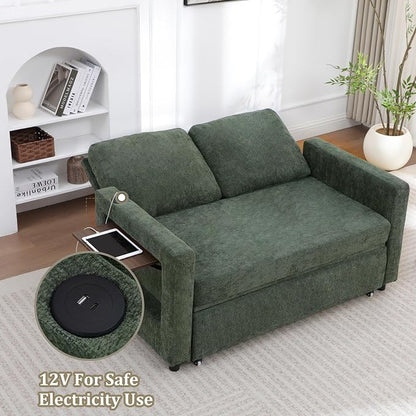3 in 1 Folding Convertible Sleeper Sofa Bed Pull Out Couch with Side Pockets USB Port Side Table Loveseat Sofa Bed with Adjustable Backrest for Living Room Bedroom 66" DarkGreen 2 SEAT