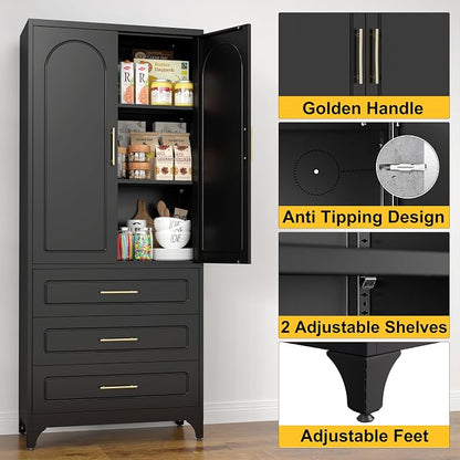 SteeLoong Metal Kitchen Pantry Storage Cabinet with 3 Drawers，75 Inch Black Food Pantry Cabinets for Kitchen Storage with 2 Adjustable Shelves,Tall Storage Cupboard for Living Room,Dining Room Office