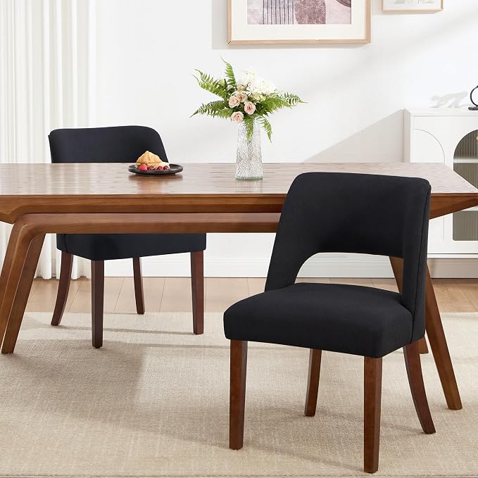 Dining Chairs Set of 2,Modern Dining Room Chairs with Thick Cushions,Upholstered Linen Fabric Kitchen Chairs for Kitchen Dining Room Black