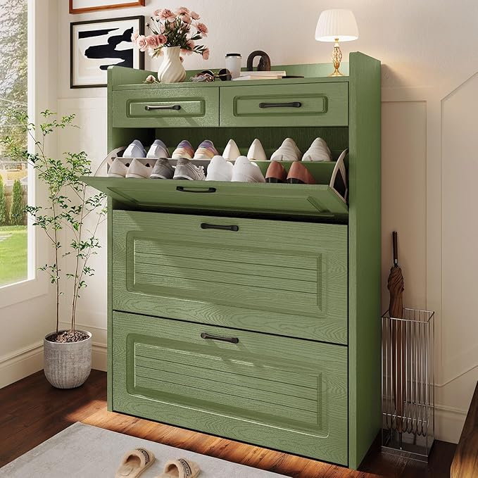 Shoe Cabinet with 3 Large Flip Drawers and 2 Storage Drawers, Narrow Shoe Organizer Cabinet Fits for Kinds of Shoes, Hidden Shoe Storage Cabinet for Entryway, Hallway, Green