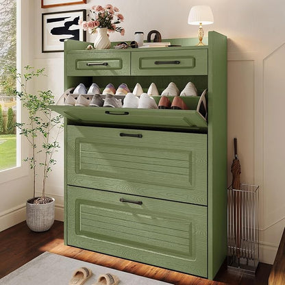 Shoe Cabinet with 3 Large Flip Drawers and 2 Storage Drawers, Narrow Shoe Organizer Cabinet Fits for Kinds of Shoes, Hidden Shoe Storage Cabinet for Entryway, Hallway, Green