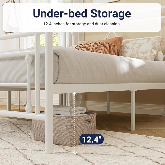 Allewie Full Size Metal Platform Bed Frame with Victorian Vintage Headboard and Footboard/Mattress Foundation/Under Bed Storage/No Box Spring Needed/Noise-Free/Easy Assembly, White