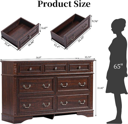 Farmhouse Dresser and Nightstand Sets, 6-Drawer with 7 Drawer Dresser Sets, 2 Pieces Rustic Wood Bedroom Furniture Set for Home, Bedroom, Hallway(Dark Brown)