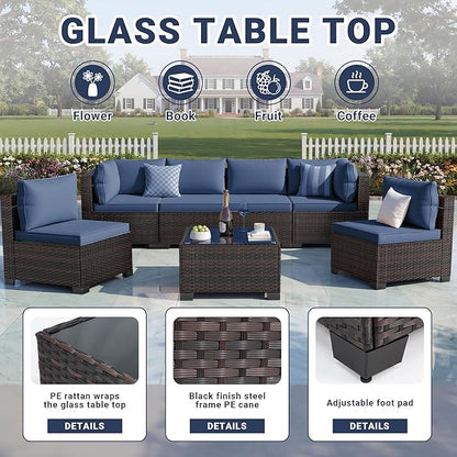 LAFWELL 7 Pieces Outdoor Patio Furniture Sets,Rattan Conversation Sectional Set,Manual Weaving Wicker Patio Sofa with Tea Table