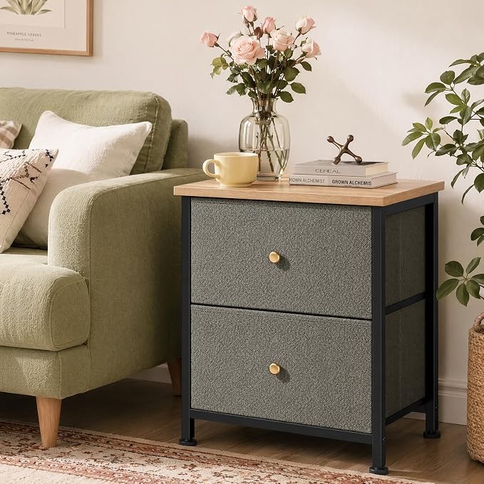 Sweetcrispy Nightstand Set of 2 with 2 Storage Drawers, Small Bedside Table | 20" Height Furniture End Table, Wooden Top Fabric Cabinet for Bedroom, Closet, Entryway, Ink Green 2Pack